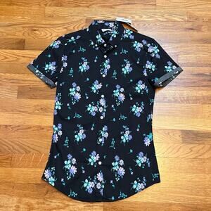 ASOS Mens Small Black Floral Button Collar Short Sleeve Stretch Skinny Shirt New
